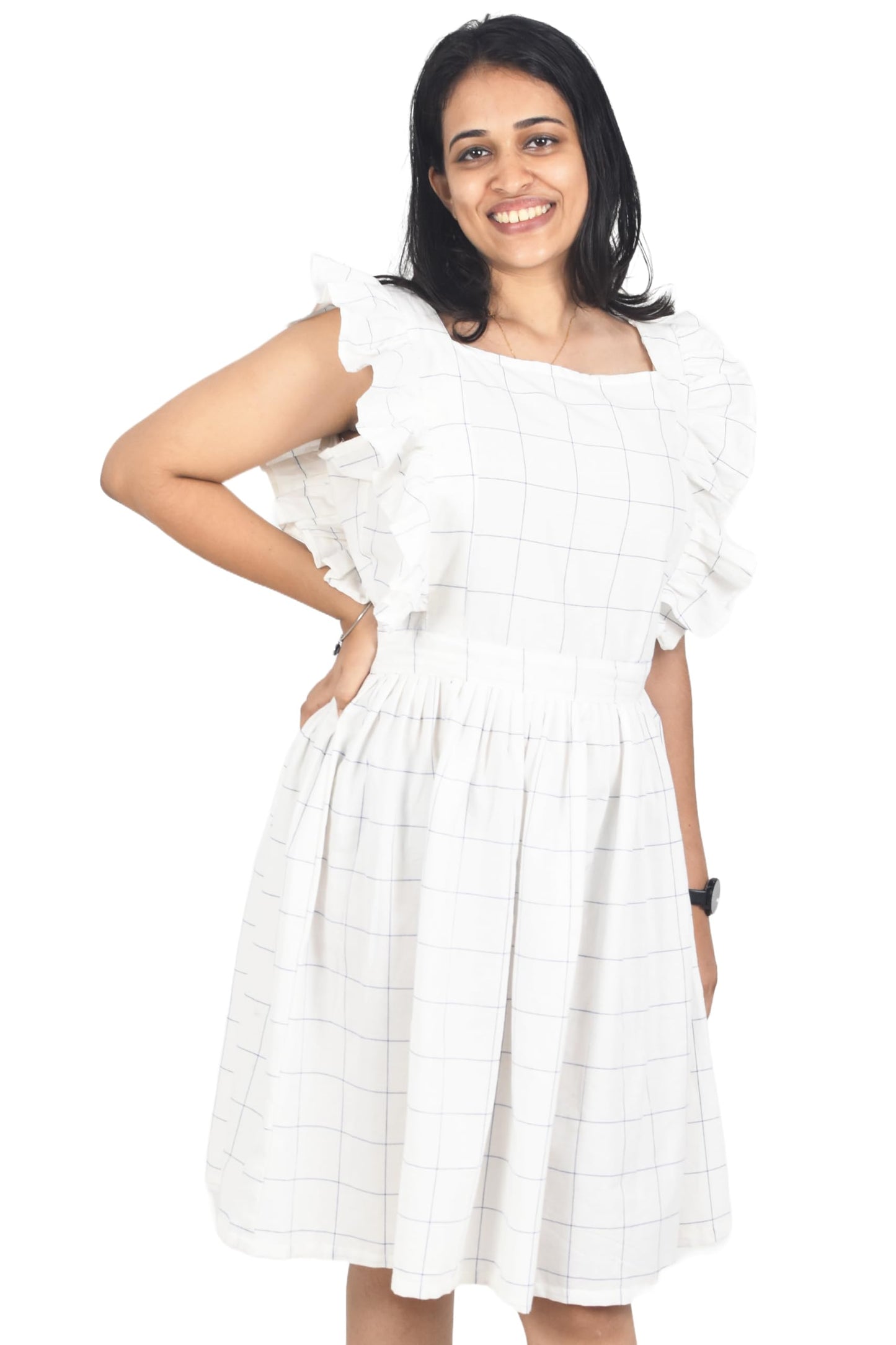 Zoiora Premium 100% Pure Cotton Knee-Length White Checkered Dress for Women