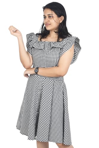 Zoiora Premium 100% Pure Cotton Flared Gingham Check Dress with Ruffled Sleeve