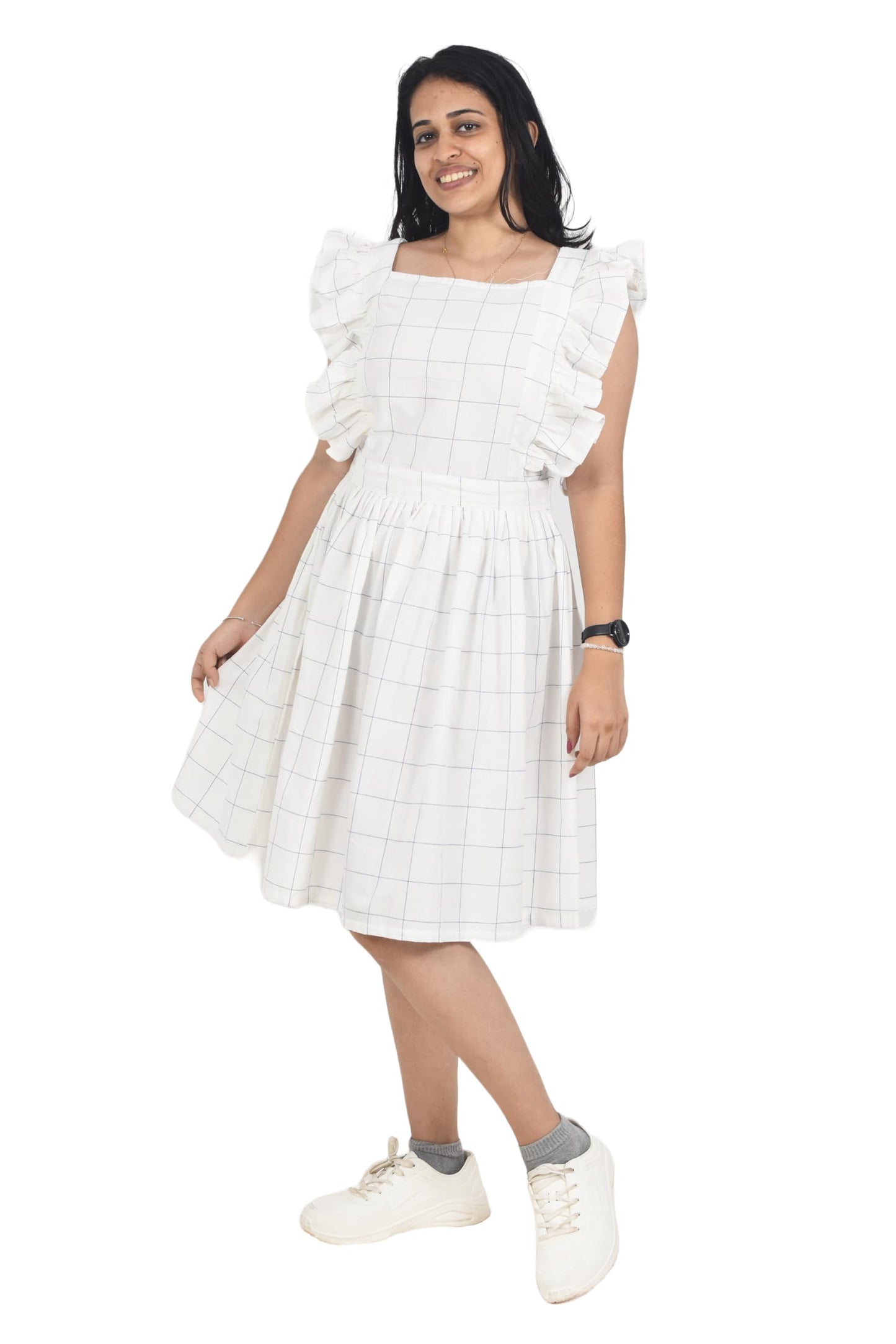 Zoiora Premium 100% Pure Cotton Knee-Length White Checkered Dress for Women