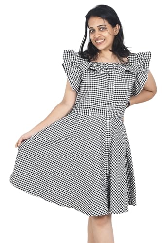 Zoiora Premium 100% Pure Cotton Flared Gingham Check Dress with Ruffled Sleeve