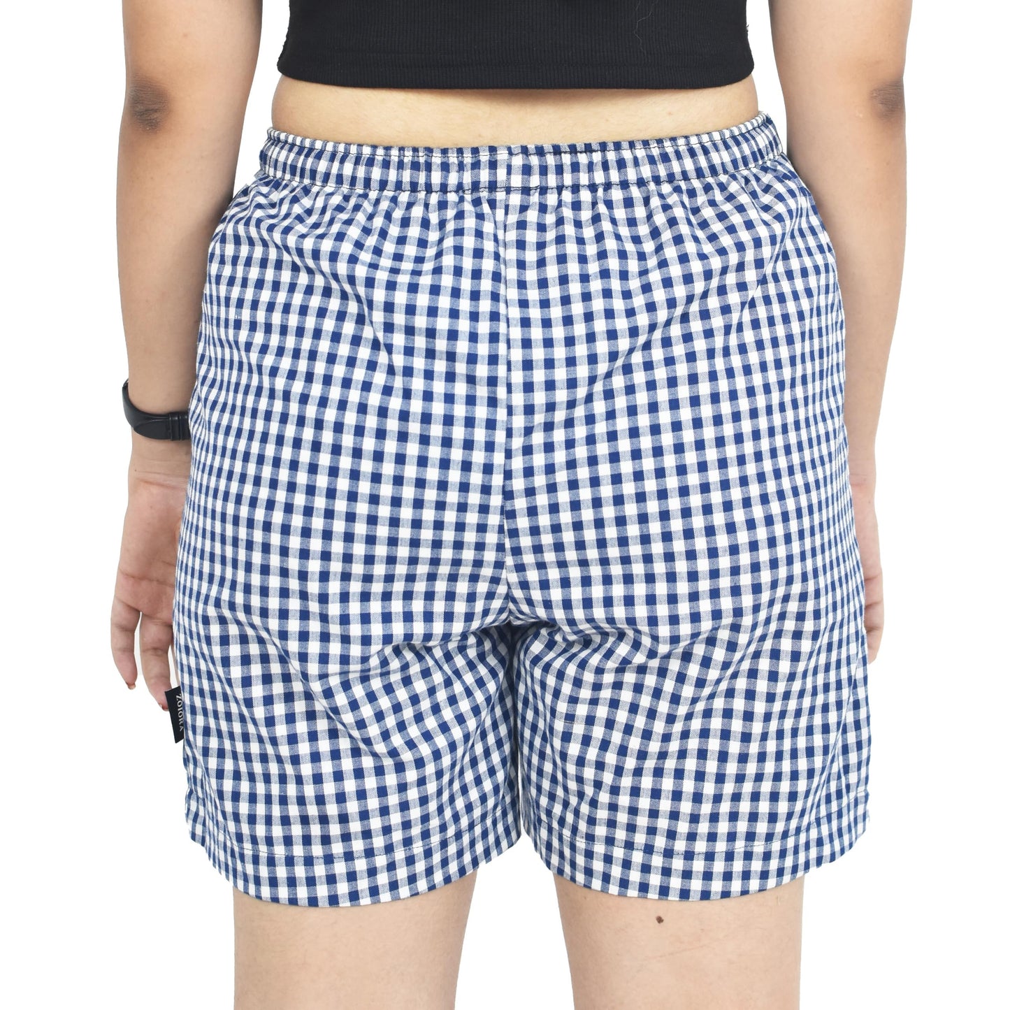 Zoiora Pure Cotton White and Blue Checkered Shorts for Women