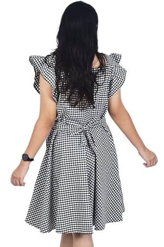 Zoiora Premium 100% Pure Cotton Flared Gingham Check Dress with Ruffled Sleeve