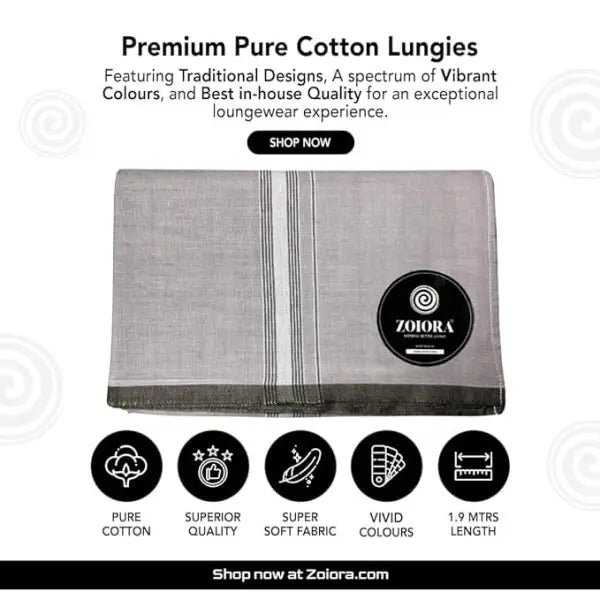 Zoiora Premium 100% Cotton Grey Lungi For Men