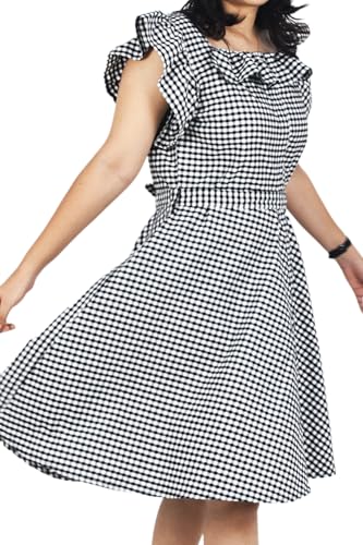 Zoiora Premium 100% Pure Cotton Flared Gingham Check Dress with Ruffled Sleeve