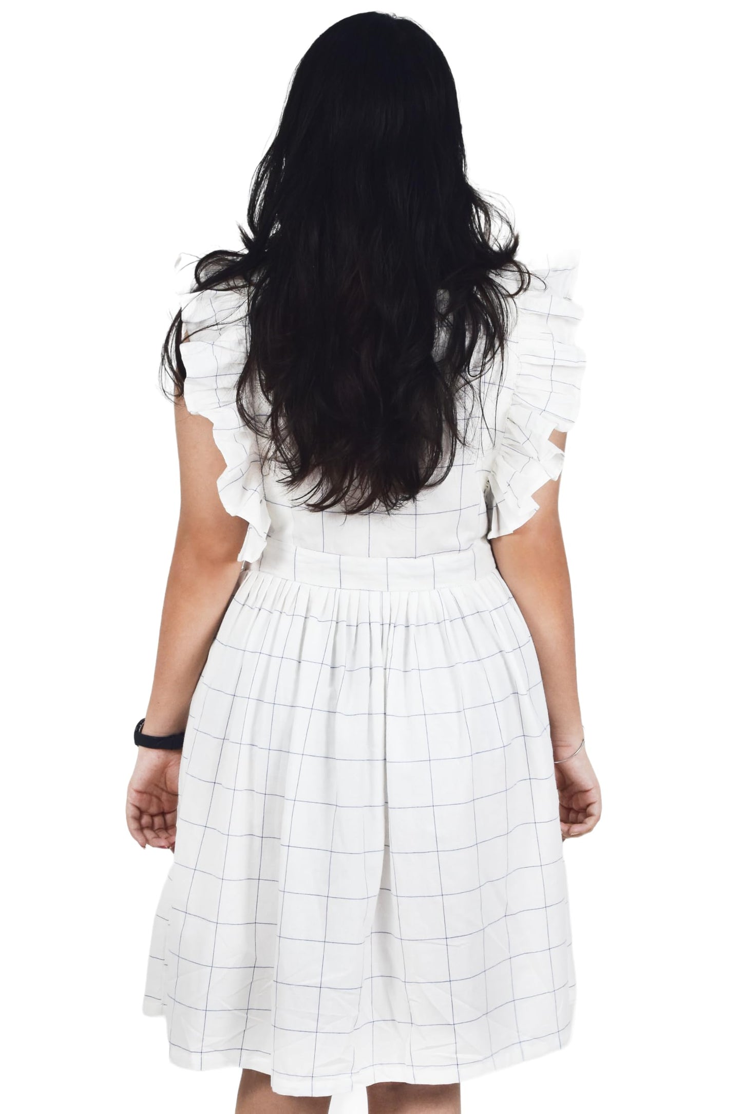 Zoiora Premium 100% Pure Cotton Knee-Length White Checkered Dress for Women