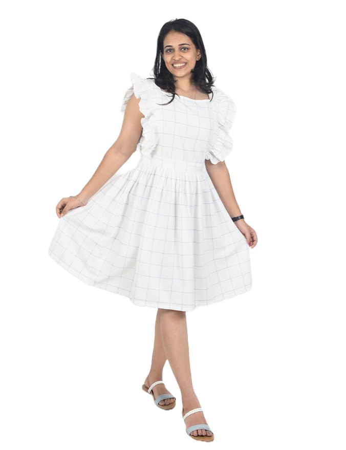 Zoiora Premium 100% Pure Cotton Knee-Length White Checkered Dress for Women