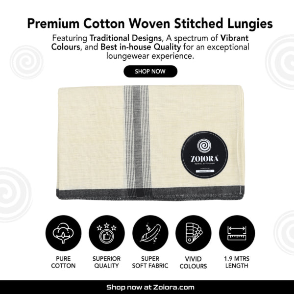 Zoiora 100% Pure Cotton Cream Lungi for Men
