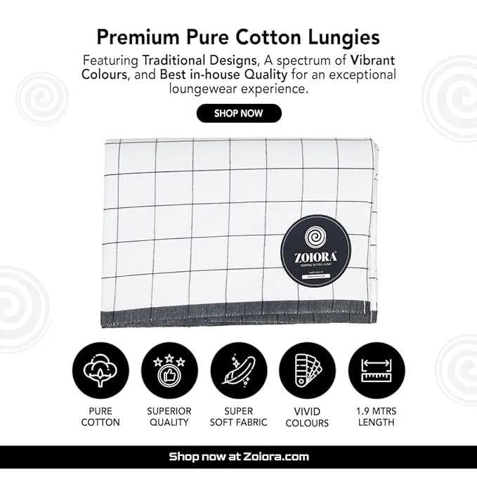 Zoiora Premium 100% Cotton Black Check Lungi for Men