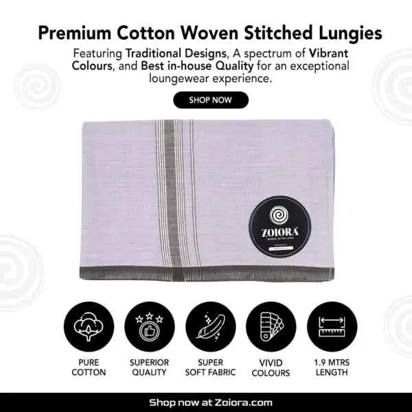 Zoiora Premium 100% Cotton Grey Lungi For Men