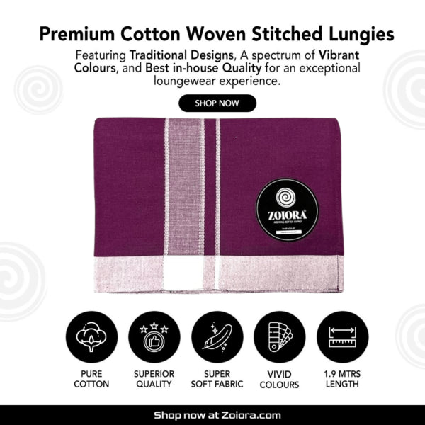 Zoiora Premium 100% Cotton Magenta Lungi for Men