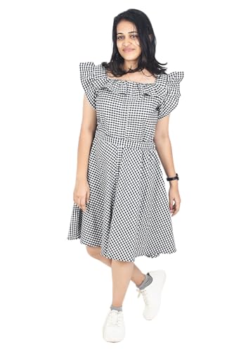Zoiora Premium 100% Pure Cotton Flared Gingham Check Dress with Ruffled Sleeve