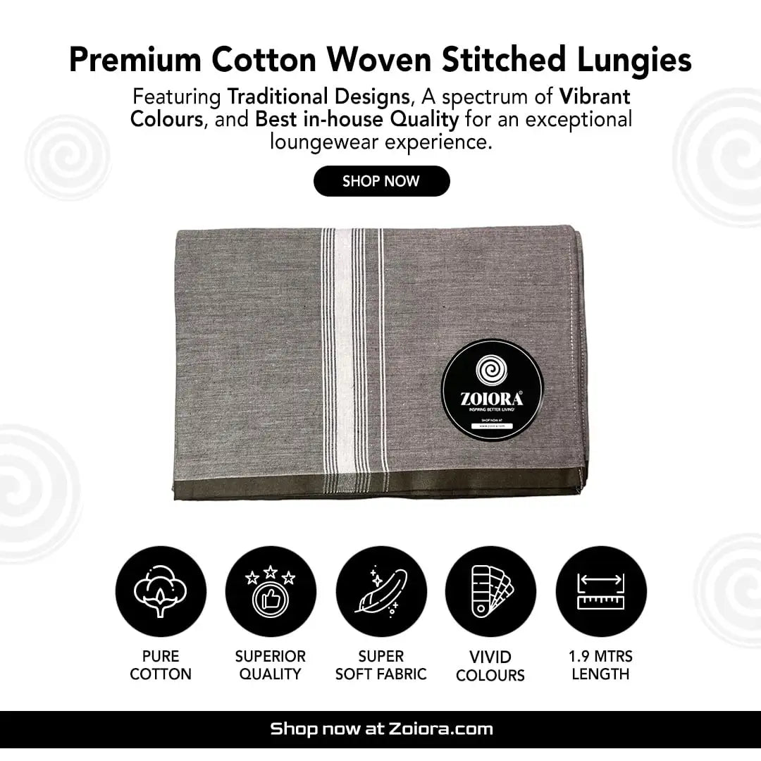 Zoiora Premium 100% Cotton Grey Lungi For Men