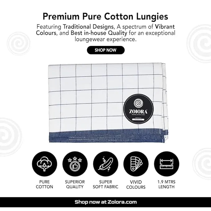 Zoiora Premium 100% Cotton Blue Lungi for Men