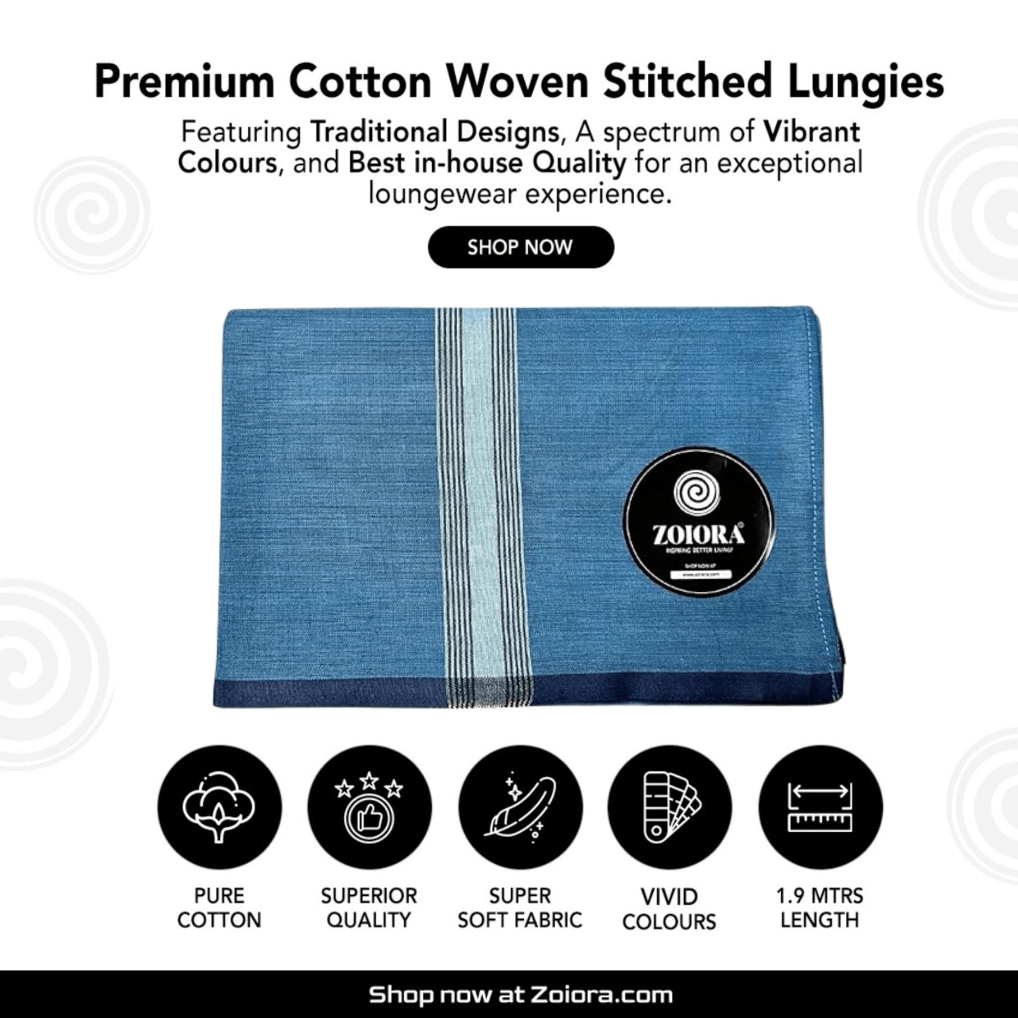 Zoiora Premium Blue 100% Cotton Lungi For Men