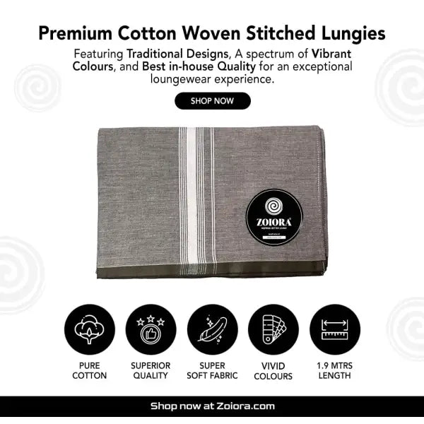 Zoiora Premium Pure Cotton Grey Lungi For Men