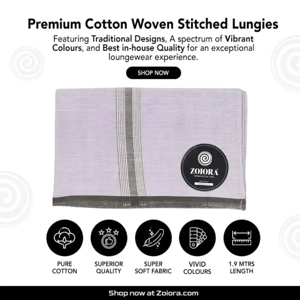 Zoiora Premium 100% Cotton Grey Lungi For Men