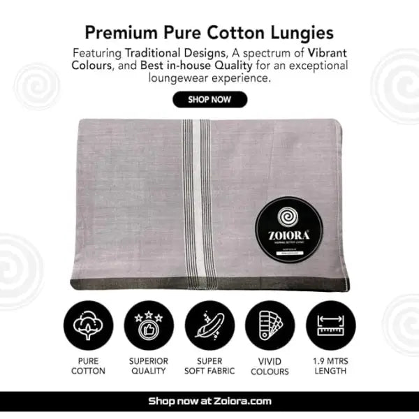 Zoiora Premium 100% Cotton Grey Lungi For Men