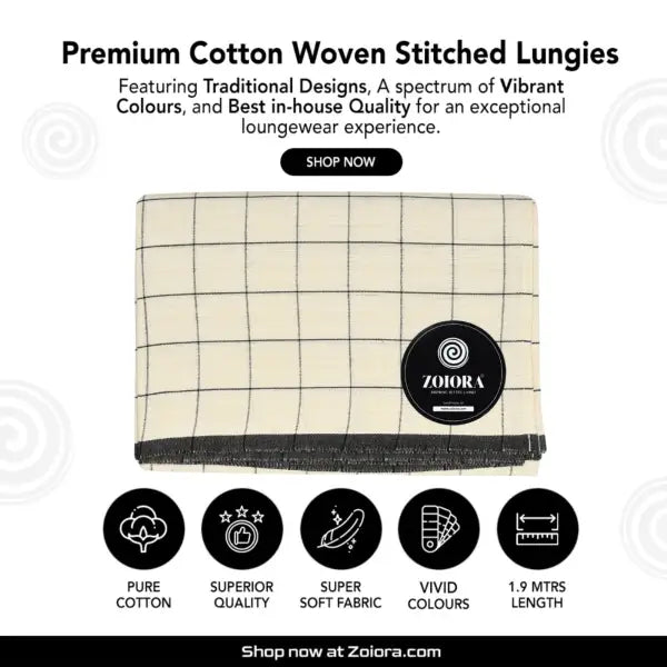 Zoiora Premium 100% Pure Cotton Cream Check Lungi for Men