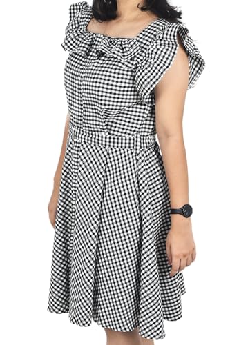 Zoiora Premium 100% Pure Cotton Flared Gingham Check Dress with Ruffled Sleeve
