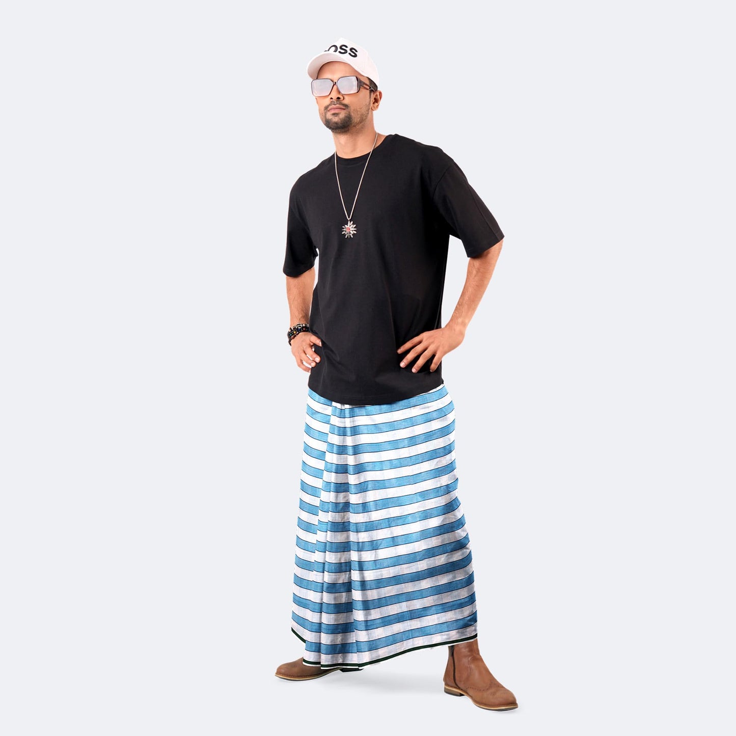 Zoiora Pure Cotton Blue and White Striped Lungi for Men