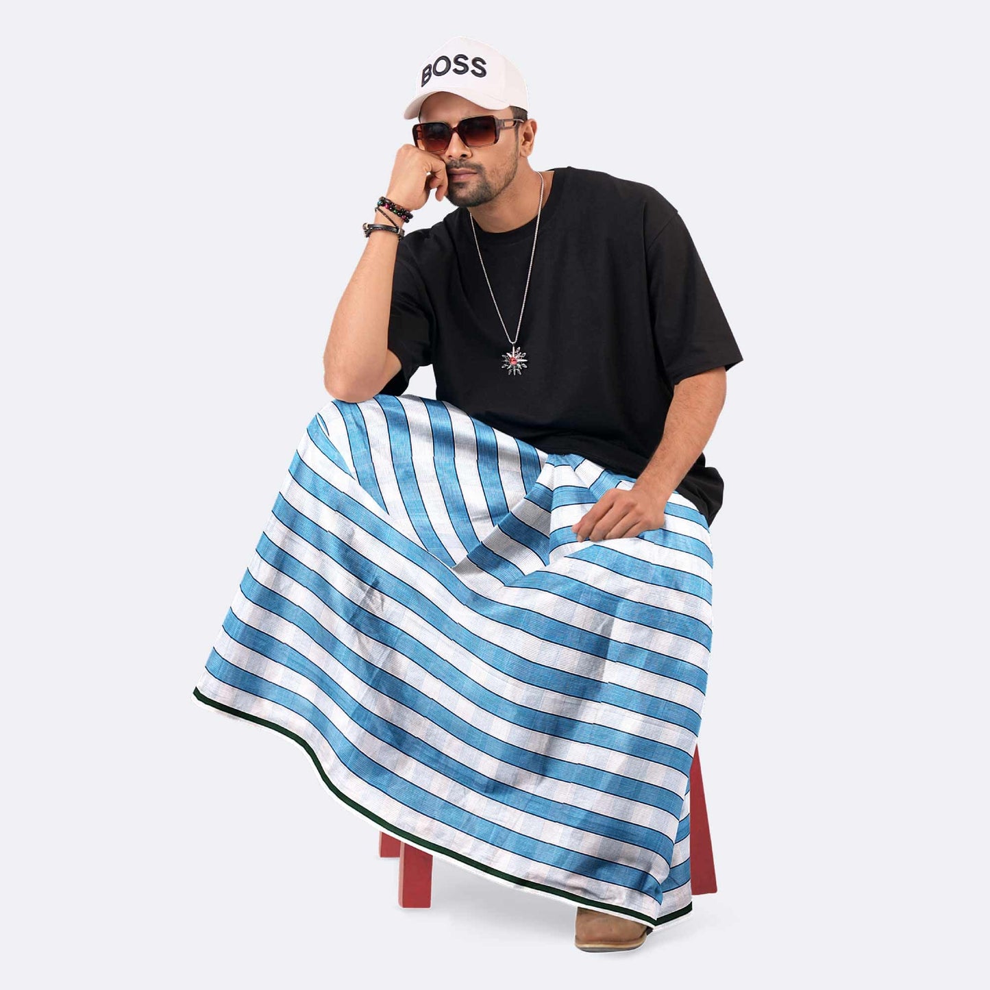 Zoiora Pure Cotton Blue and White Striped Lungi for Men
