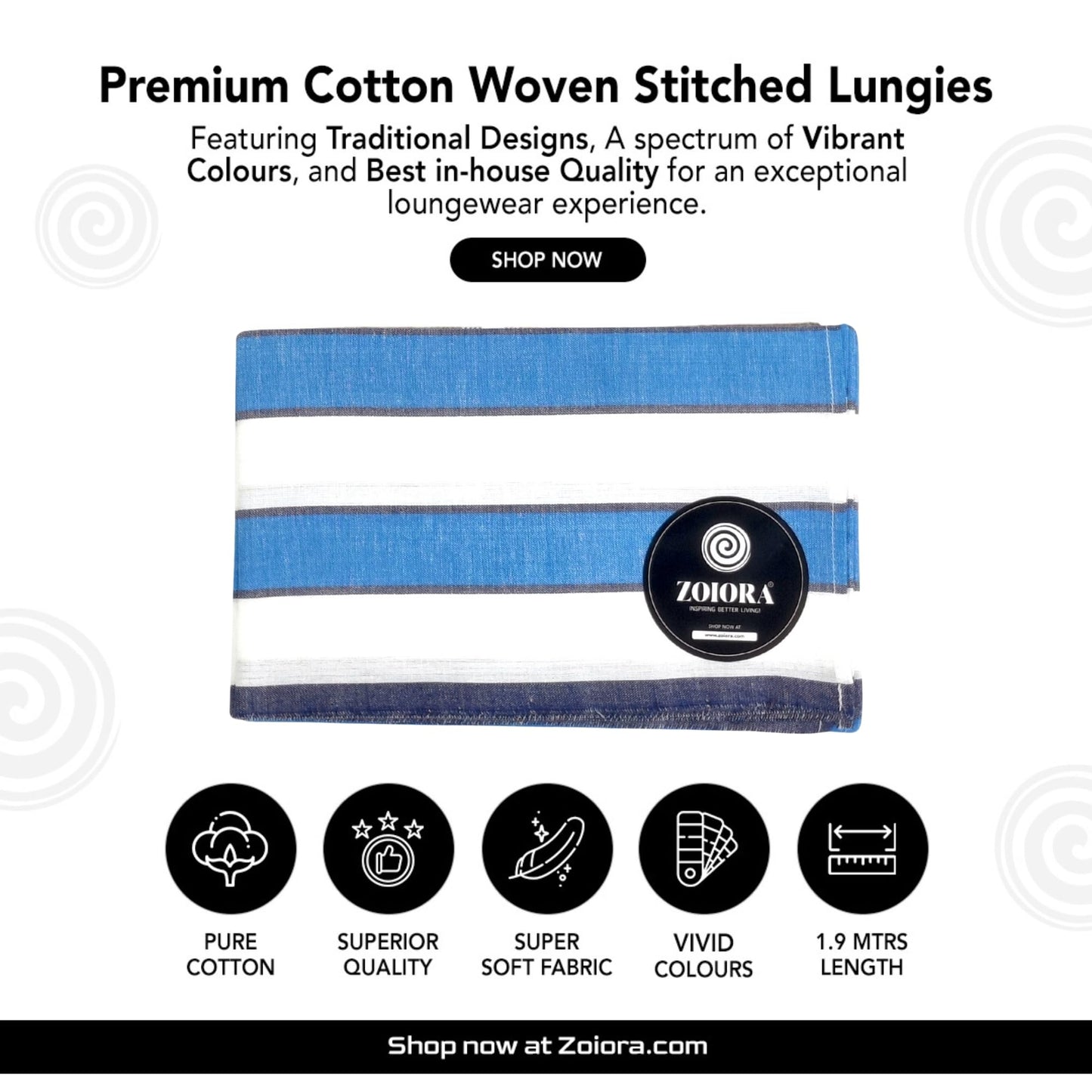 Zoiora Pure Cotton Blue and White Striped Lungi for Men