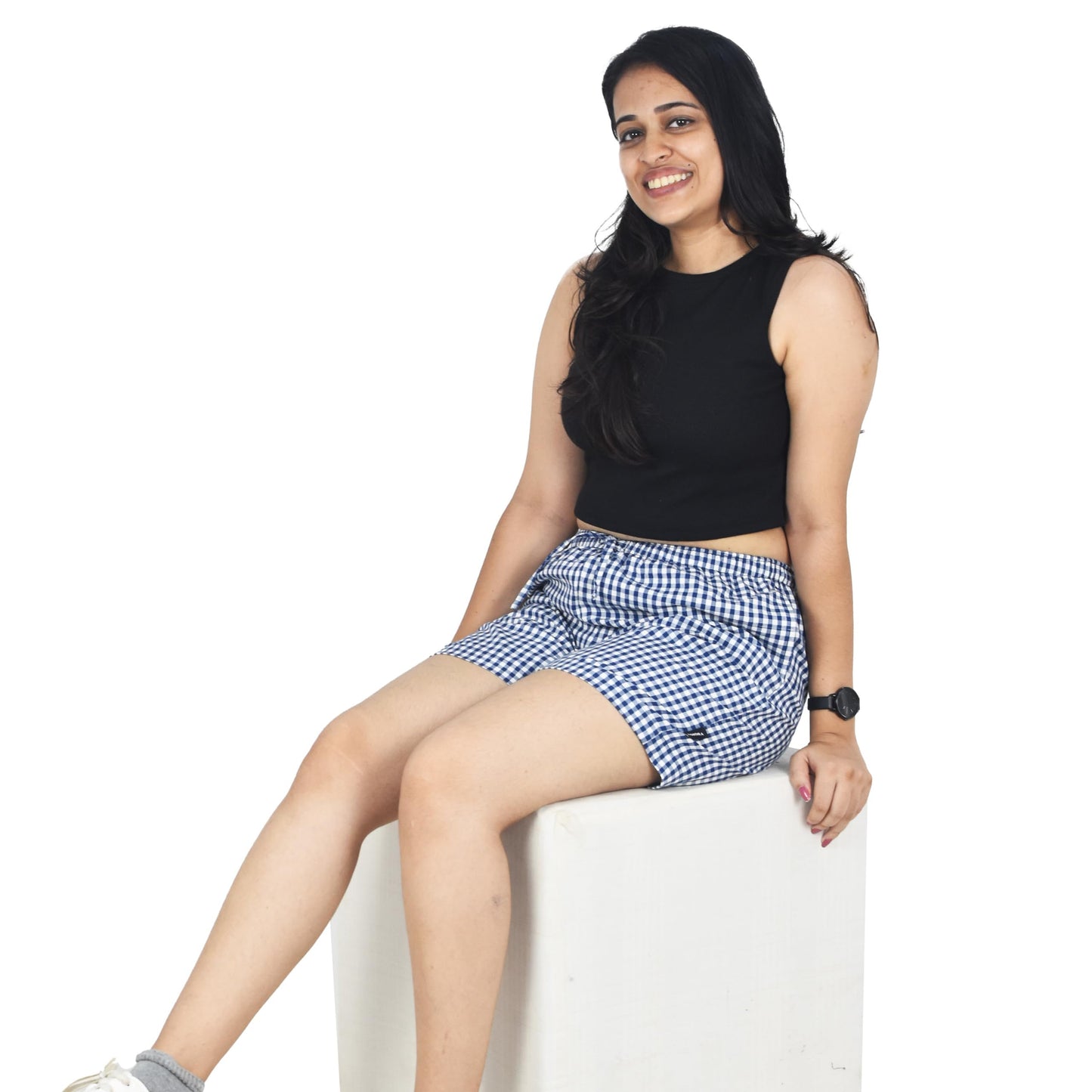 Zoiora Pure Cotton White and Blue Checkered Shorts for Women