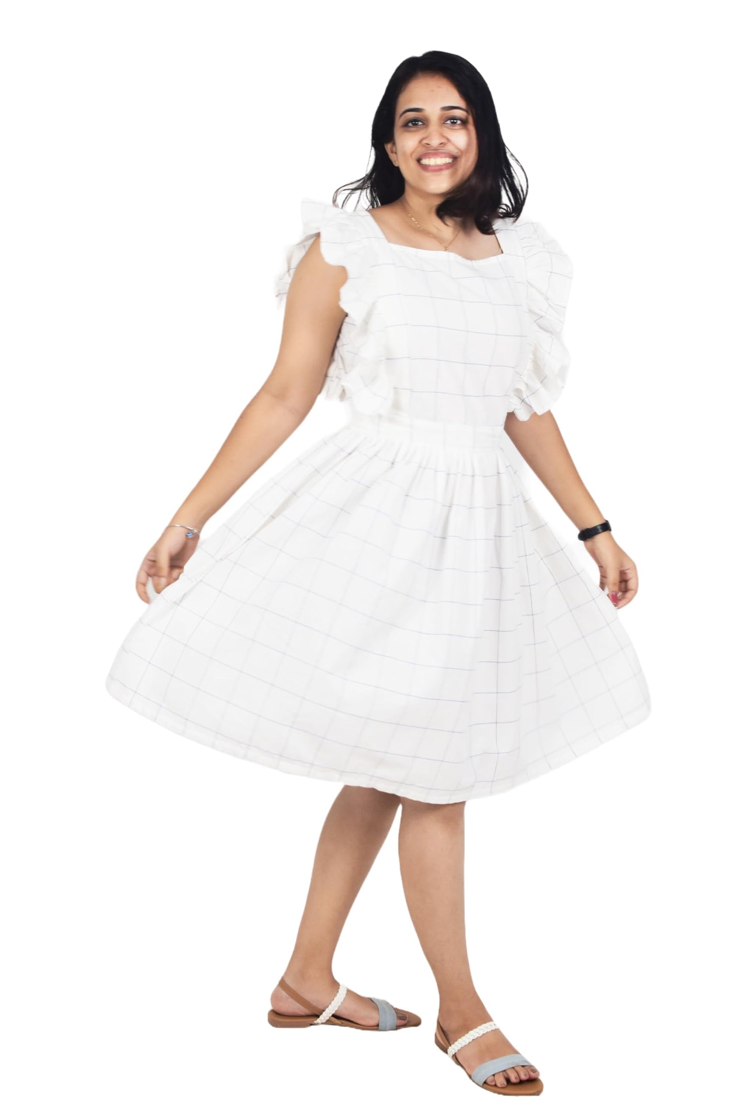 Zoiora Premium 100% Pure Cotton Knee-Length White Checkered Dress for Women