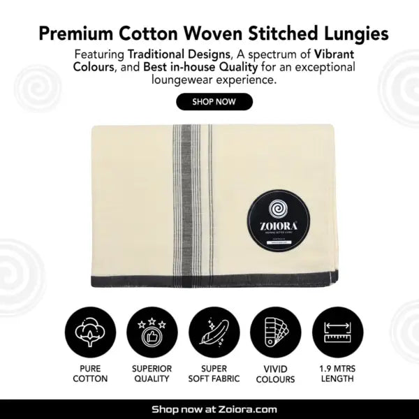 Zoiora 100% Pure Cotton Cream Lungi for Men