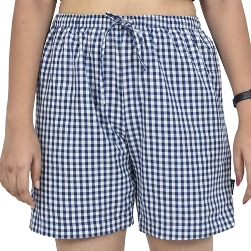Zoiora Pure Cotton White and Blue Checkered Shorts for Women