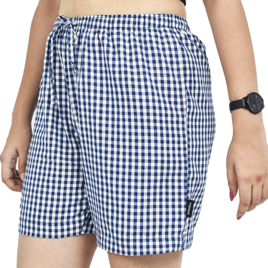 Zoiora Pure Cotton White and Blue Checkered Shorts for Women