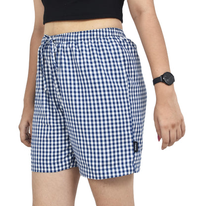 Zoiora Pure Cotton White and Blue Checkered Shorts for Women