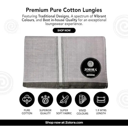 Zoiora Premium 100% Cotton Grey Lungi For Men