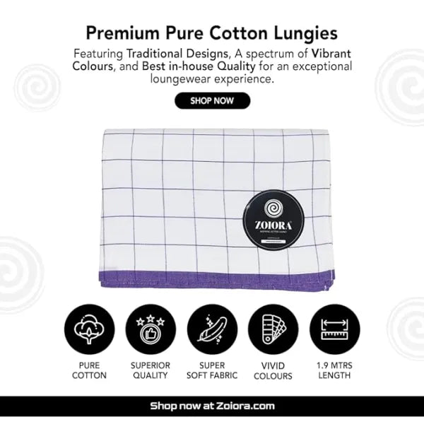 Zoiora Premium 100% Cotton Orchid Check Lungi for Men