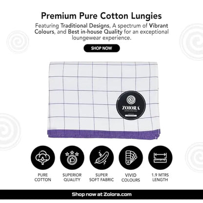 Zoiora Premium 100% Cotton Orchid Check Lungi for Men