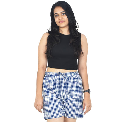Zoiora Pure Cotton White and Blue Checkered Shorts for Women