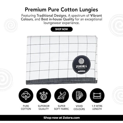Zoiora Premium 100% Cotton Black Check Lungi for Men