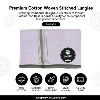 Zoiora Premium 100% Cotton Grey Lungi For Men