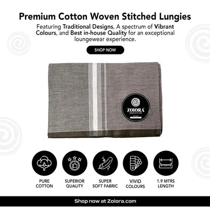 Zoiora Premium 100% Cotton Grey Lungi For Men