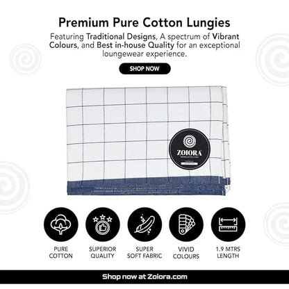 Zoiora Premium 100% Cotton Blue Lungi for Men