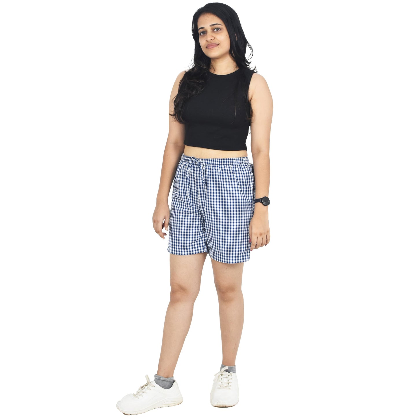 Zoiora Pure Cotton White and Blue Checkered Shorts for Women